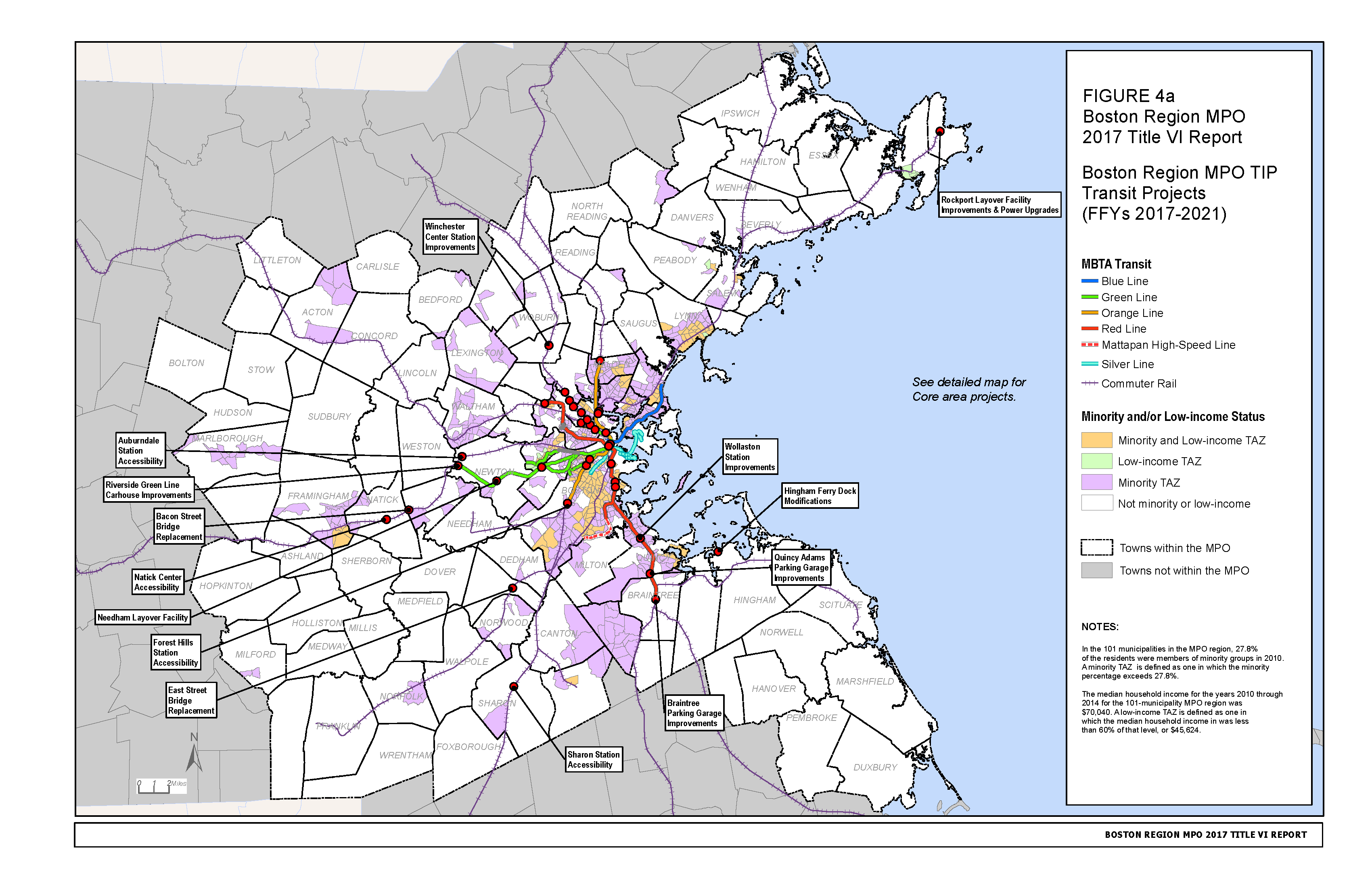 This map shows the locations of projects funded in the FFYs 2017-2021 TIP in the Boston Region MPO.